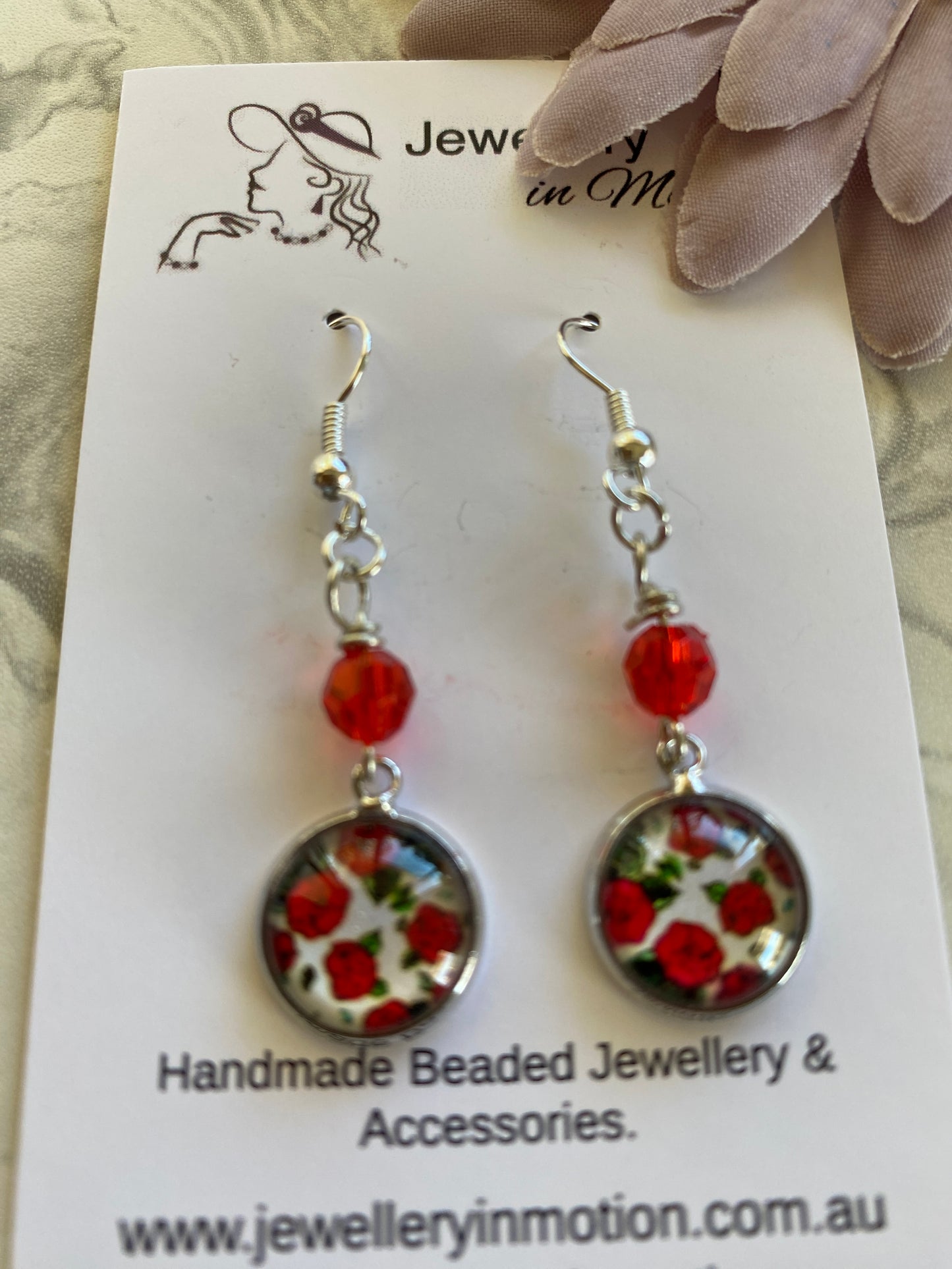 Long Dangle Floral Disc & Red Dangle Earrings - Pierced *THIS ITEM FREE SHIPPING
