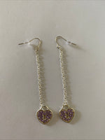 Heart Locket Purple Charm Shiny Silver Plate  Long Chain  Dangle Earrings Pierced