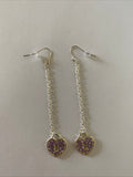 Heart Locket Purple Charm Shiny Silver Plate  Long Chain  Dangle Earrings Pierced