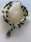 Double Strand Beaded Bracelet Handmade Silver Plate Grey Black Blue tones