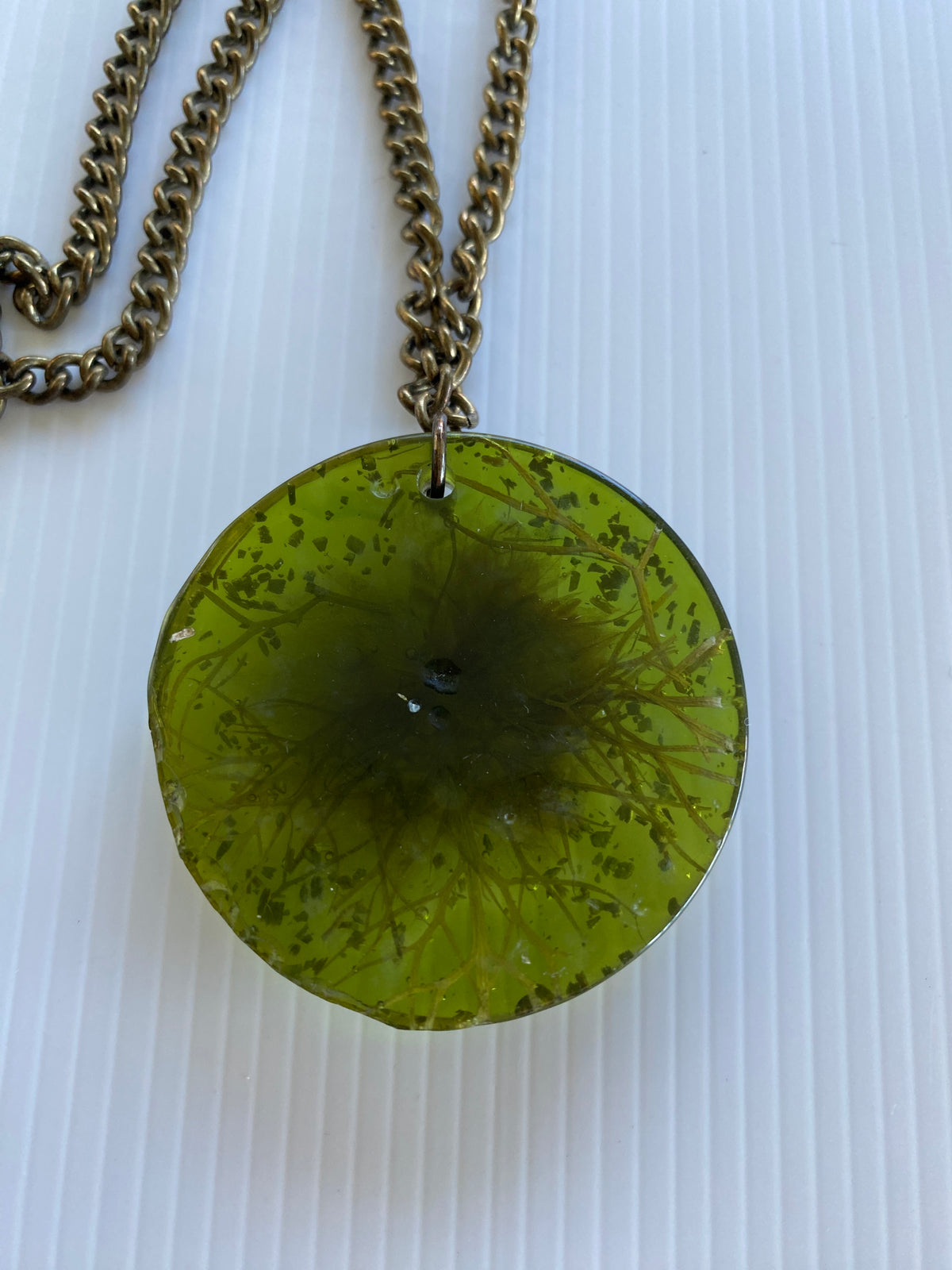 Floral large Pendant Olive Green Colour long oval link chain no clasp