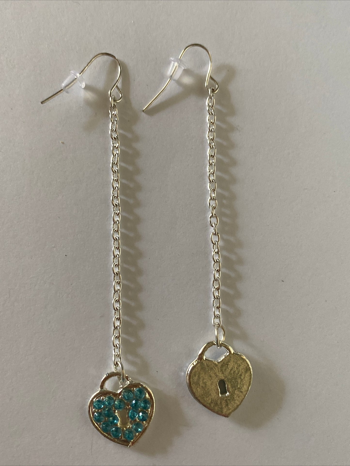 Heart Locket Blue Charm Shiny Silver Plate  Long Chain  Dangle Earrings Pierced