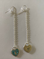 Heart Locket Blue Charm Shiny Silver Plate  Long Chain  Dangle Earrings Pierced