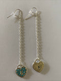 Heart Locket Blue Charm Shiny Silver Plate  Long Chain  Dangle Earrings Pierced