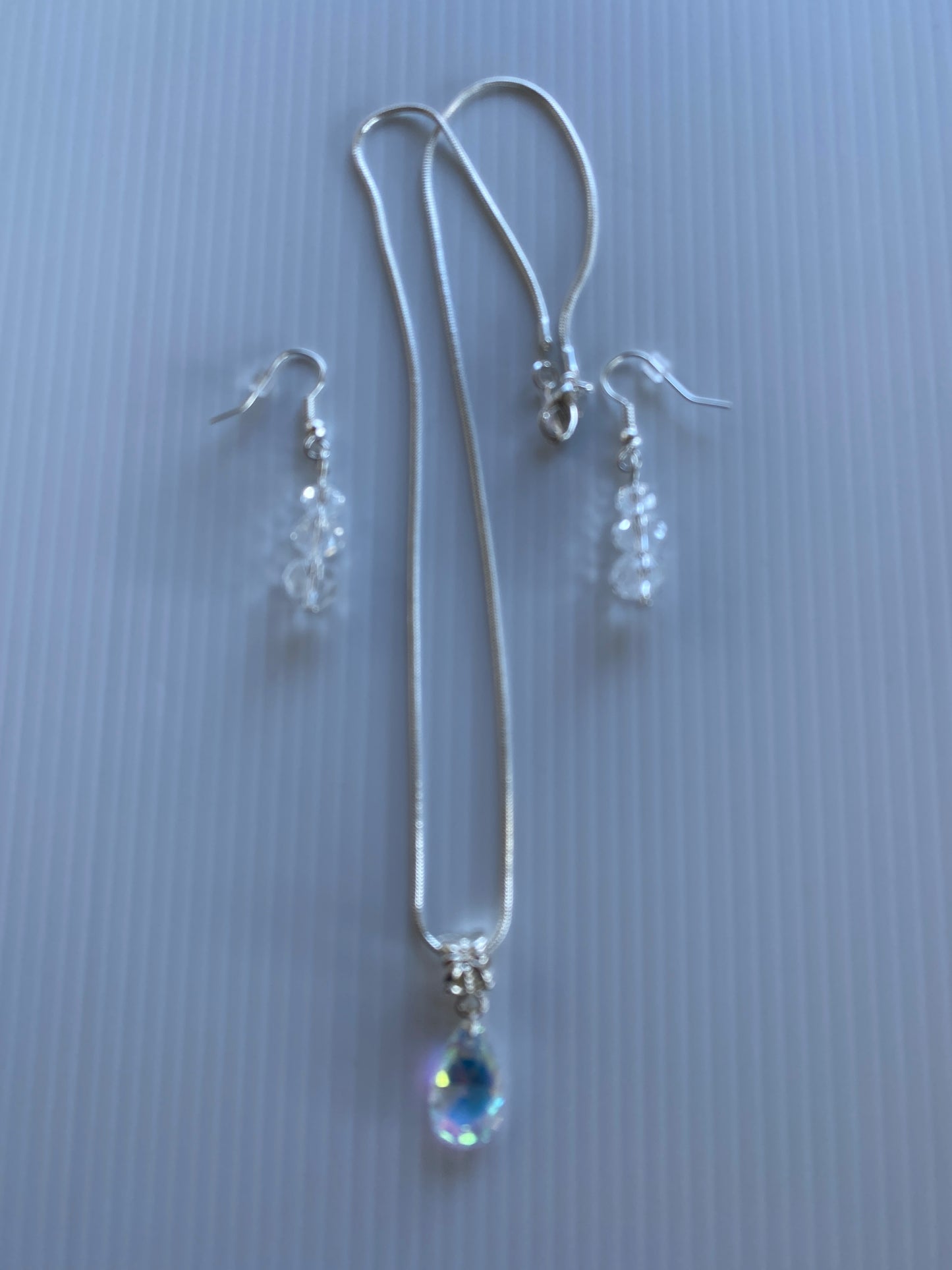 Crystal Clear Teardrop Necklace & Round Crystal Earring Set Pierced Silver Plate