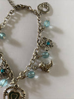 Antique Look Silver Plate & Blue Bead Charm  Bracelet adjustable