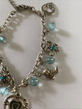 Antique Look Silver Plate & Blue Bead Charm  Bracelet adjustable