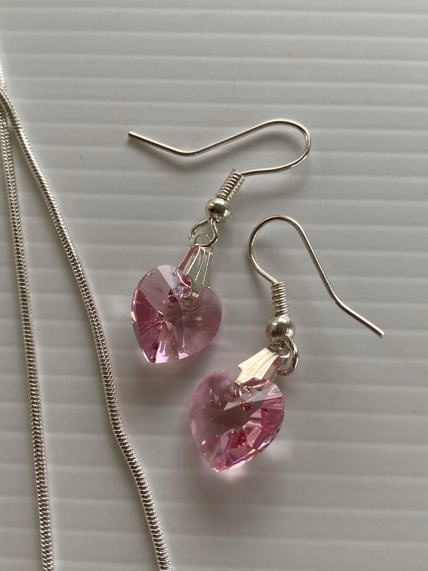 Pink Hearts Earring & Necklace Set Pierced Silver Plate