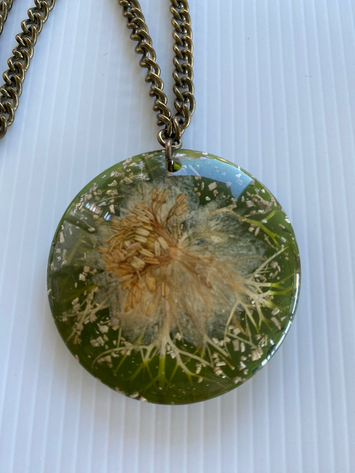 Floral large Pendant Olive Green Colour long oval link chain no clasp