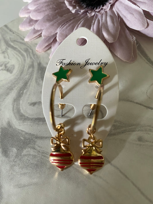Christmas green Star Studs & Bauble Open Ended Hoop Twin Set Earrings Pierced Gold Plate Festive