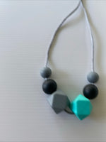 Silicone Bead Necklace Long Comfortable Stylish Black, Grey & Aqua snap closure