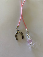 Beaded  Silk Cord BookMark Book Thong Horseshoe Charm Pink & Crystal Beads Gift