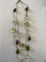 Triple Strand Silver tone Chunky Feature Focal Necklace Neutral Green Bronze Tone