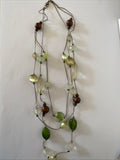 Triple Strand Silver tone Chunky Feature Focal Necklace Neutral Green Bronze Tone