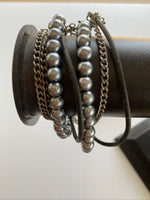 Multi Strand Grey Pearl, Antique Silver Chain & Black Cord Bracelet