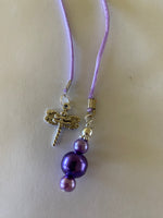 Beaded  Silk Cord BookMark Book Thong Dragonfly Charm Purple Glass Pearls gift