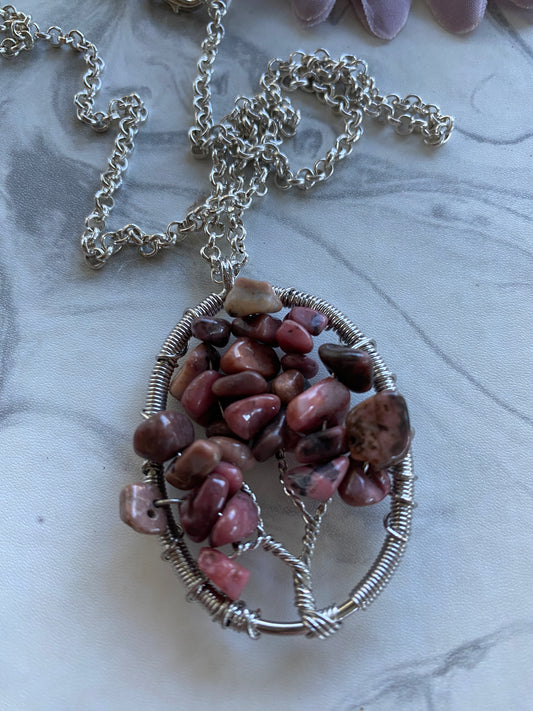 Tree of Life Rhodonite Chip  Oval Necklace Silver Plate Rolo style Chain