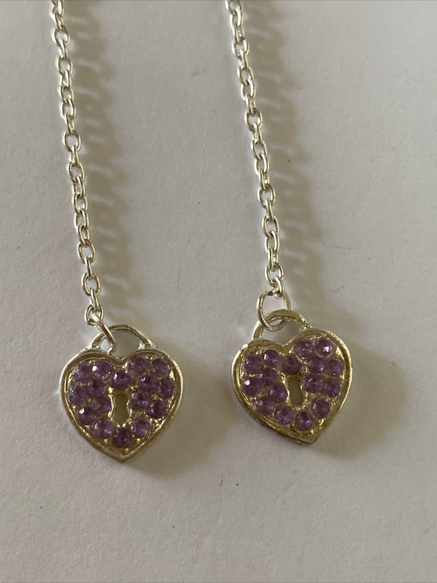 Heart Locket Purple Charm Shiny Silver Plate  Long Chain  Dangle Earrings Pierced