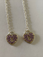 Heart Locket Purple Charm Shiny Silver Plate  Long Chain  Dangle Earrings Pierced
