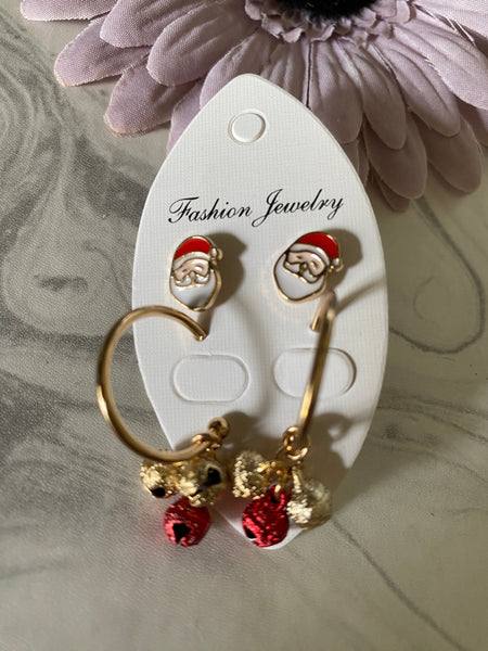 Christmas Twin Pierced Earring Set Santa Studs & Bauble Hoops  Gold Plate