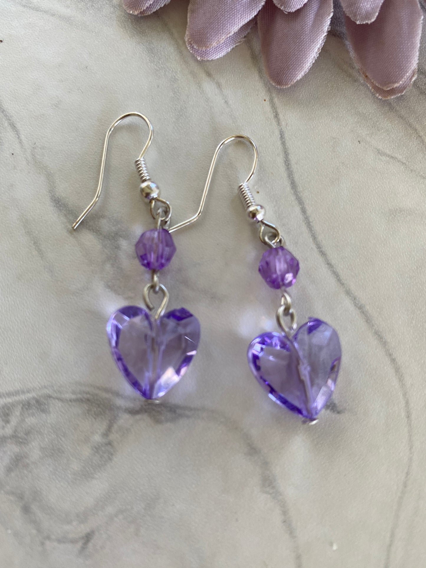 Long Dangle Purple Heart Earrings In assorted Ear Fastenings