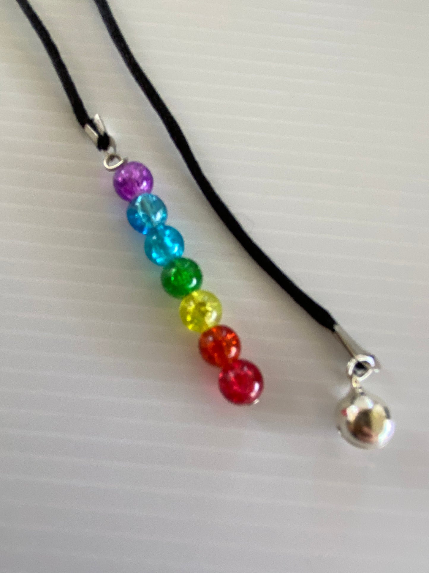 Beaded  Silk Cord Book Mark Book Thong jingle Bell Charm Chakra Colours Beads