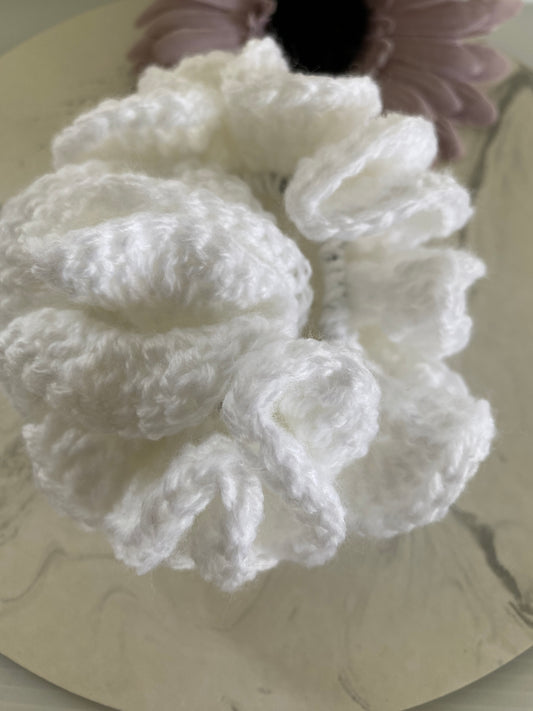 Hair Scrunchies Crochet Handmade Elasticized Full Ruffled White