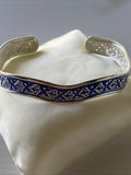 Silver Plate Filigree Detail open Cuff  Wave Bangle Dark Blue Face Back Gift Birthday