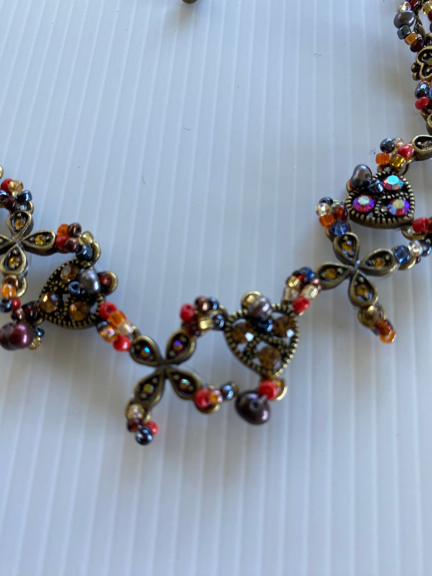 Antique Look Bronze Tone Short Multi-colour Stone & bead Focal Floral Spread Necklace