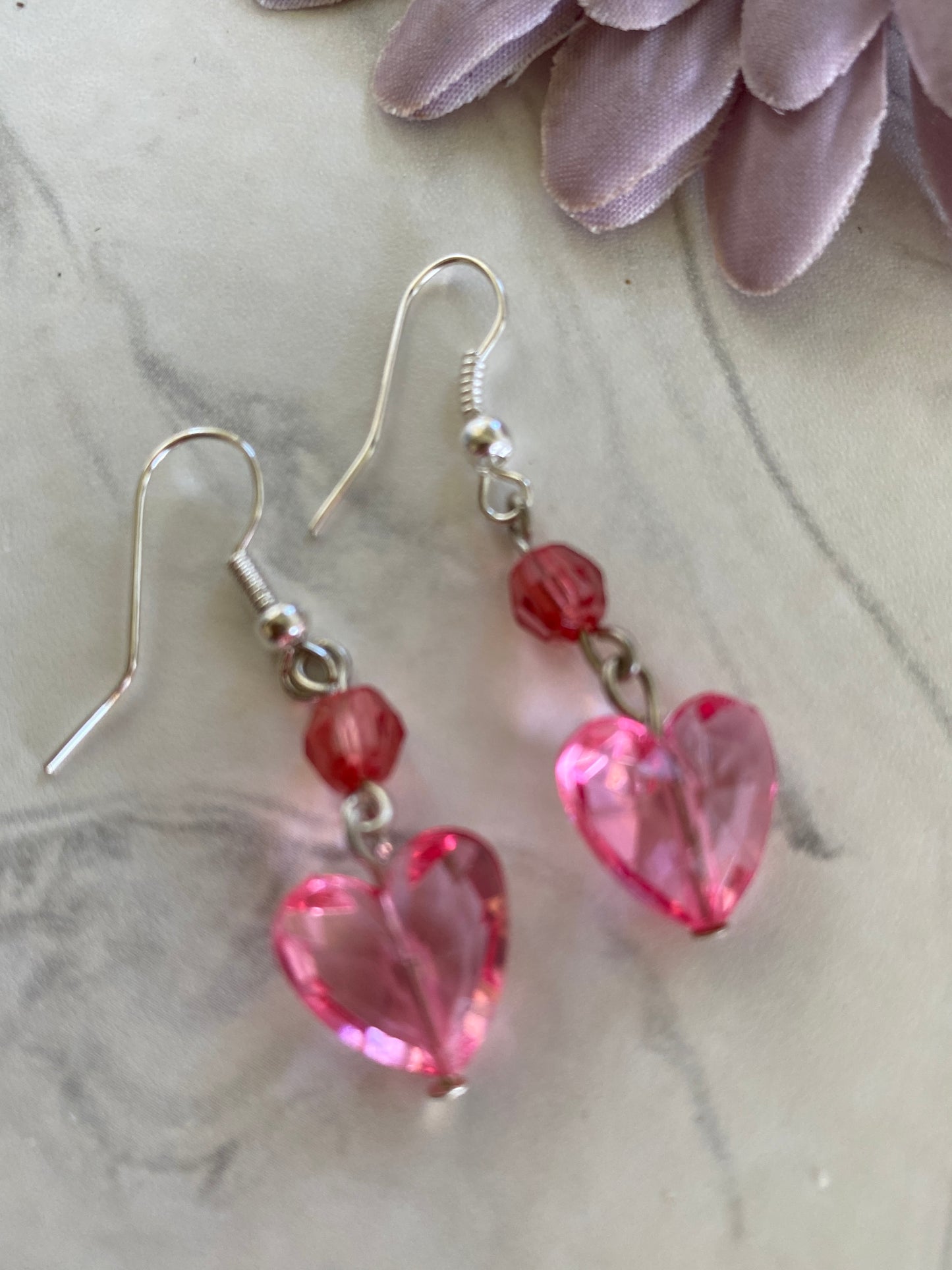Long Dangle Pink Heart Earrings In assorted Ear Fastenings