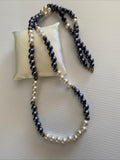 Glass Pearl Long  Necklace two tone  White & Purple  with  Spring Clasp