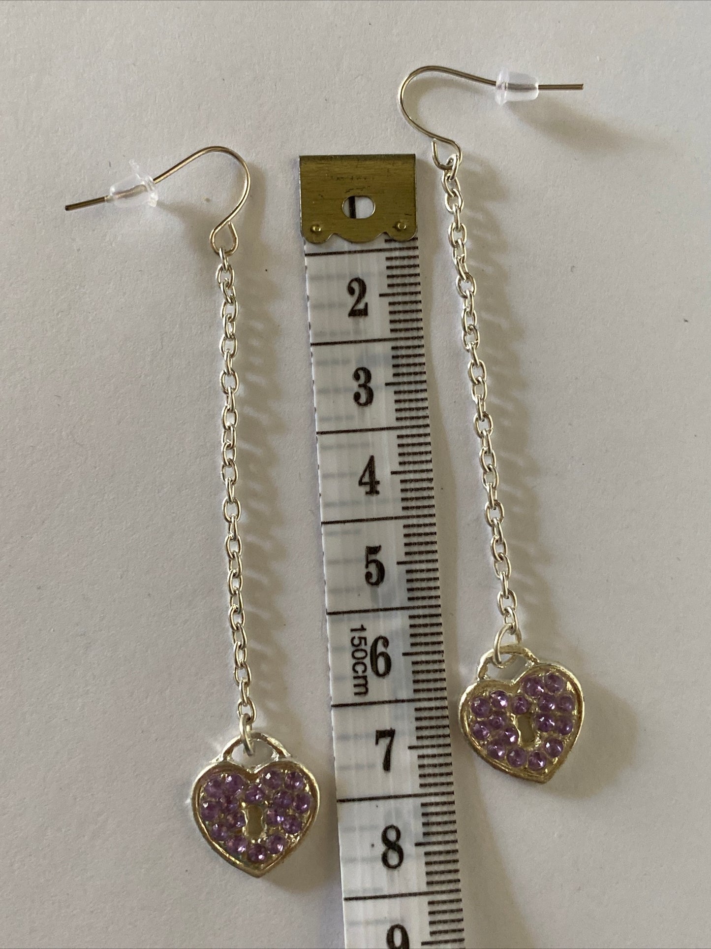 Heart Locket Purple Charm Shiny Silver Plate  Long Chain  Dangle Earrings Pierced