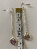 Heart Locket Purple Charm Shiny Silver Plate  Long Chain  Dangle Earrings Pierced