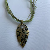 Olive Green Cord Ribbon  Necklace Choker Gold Tone Metal Teardrop Green Stones