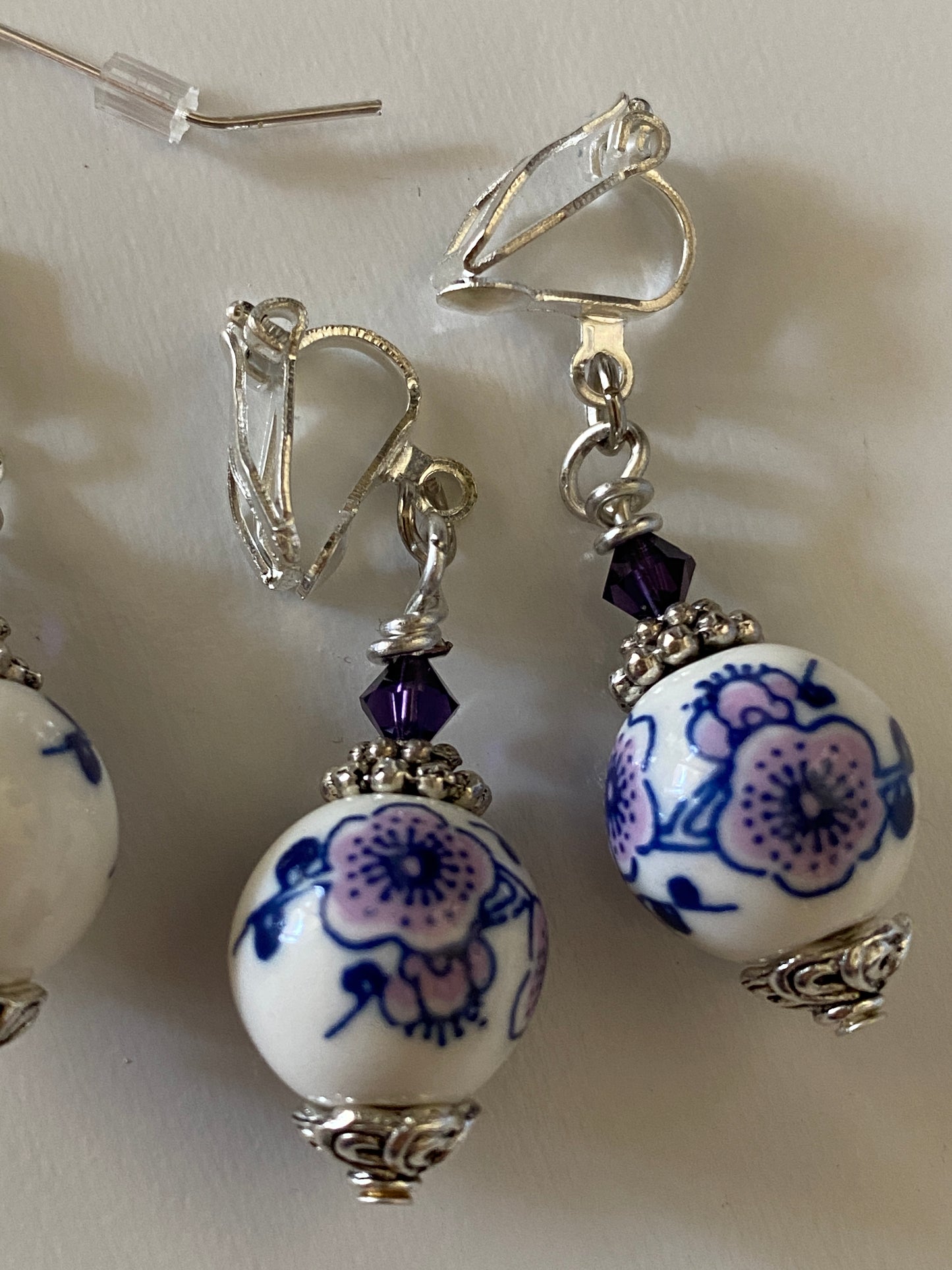 Blue & Plum Ceramic Blossom & Crystal Earrings Pierced or Clip-On