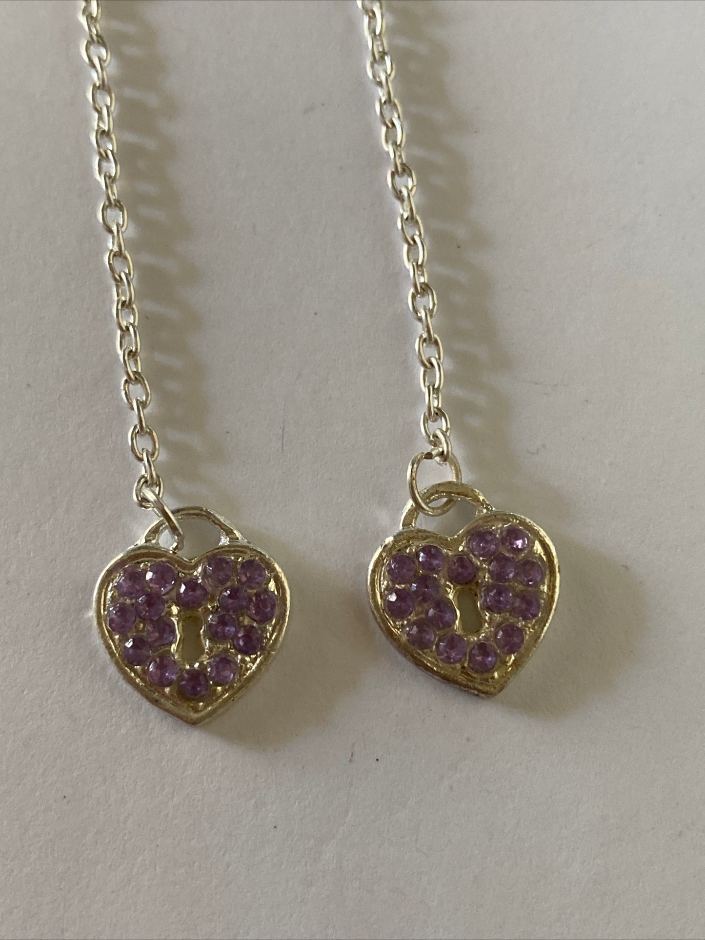 Heart Locket Purple Charm Shiny Silver Plate  Long Chain  Dangle Earrings Pierced