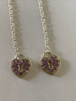 Heart Locket Purple Charm Shiny Silver Plate  Long Chain  Dangle Earrings Pierced
