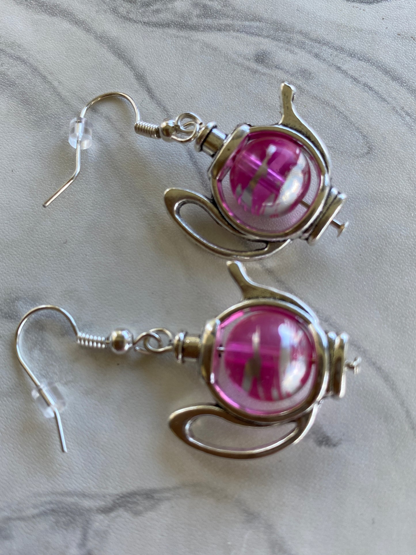Teapot / Kettle Earrings Pink with Silver Swirl Pierced or Clip-On