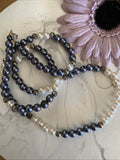 Glass Pearl Long  Necklace two tone  White & Purple  with  Spring Clasp