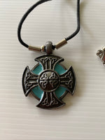 Short Round Metal Cross Detailed Green  Feature Pendant Cord  Necklace Choker
