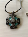 Short Round Metal Cross Detailed Green  Feature Pendant Cord  Necklace Choker