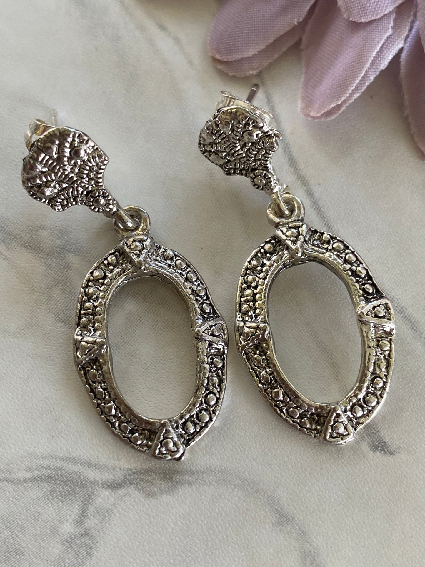 Antique Look Oval  Filigree  Dangle Earrings -Pierced Stud Butterfly Backing