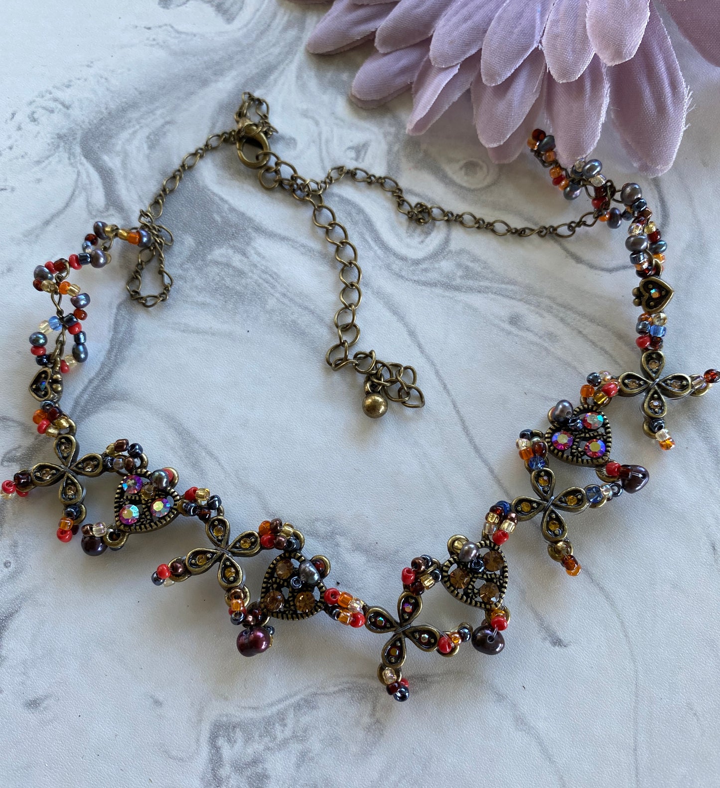 Antique Look Bronze Tone Short Multi-colour Stone & bead Focal Floral Spread Necklace