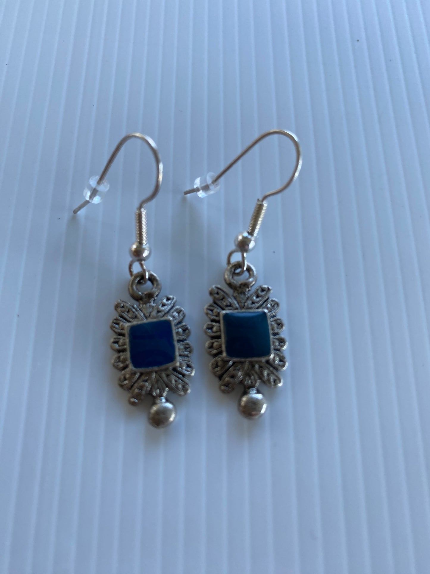 Antique Look Silver Ornate Rectangle Blue Square Enamel Hook Earrings~Pierced