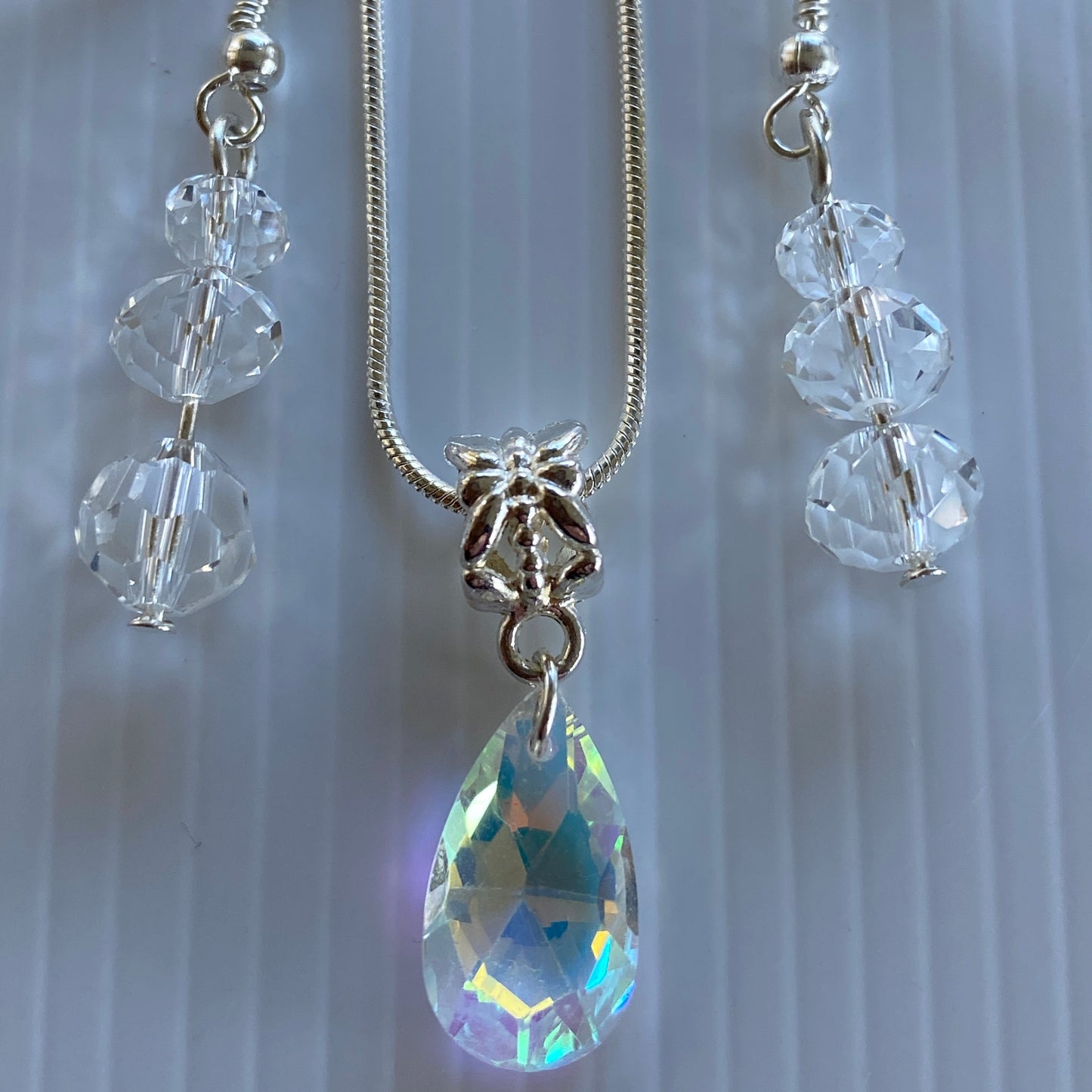 Crystal Clear Teardrop Necklace & Round Crystal Earring Set Pierced Silver Plate