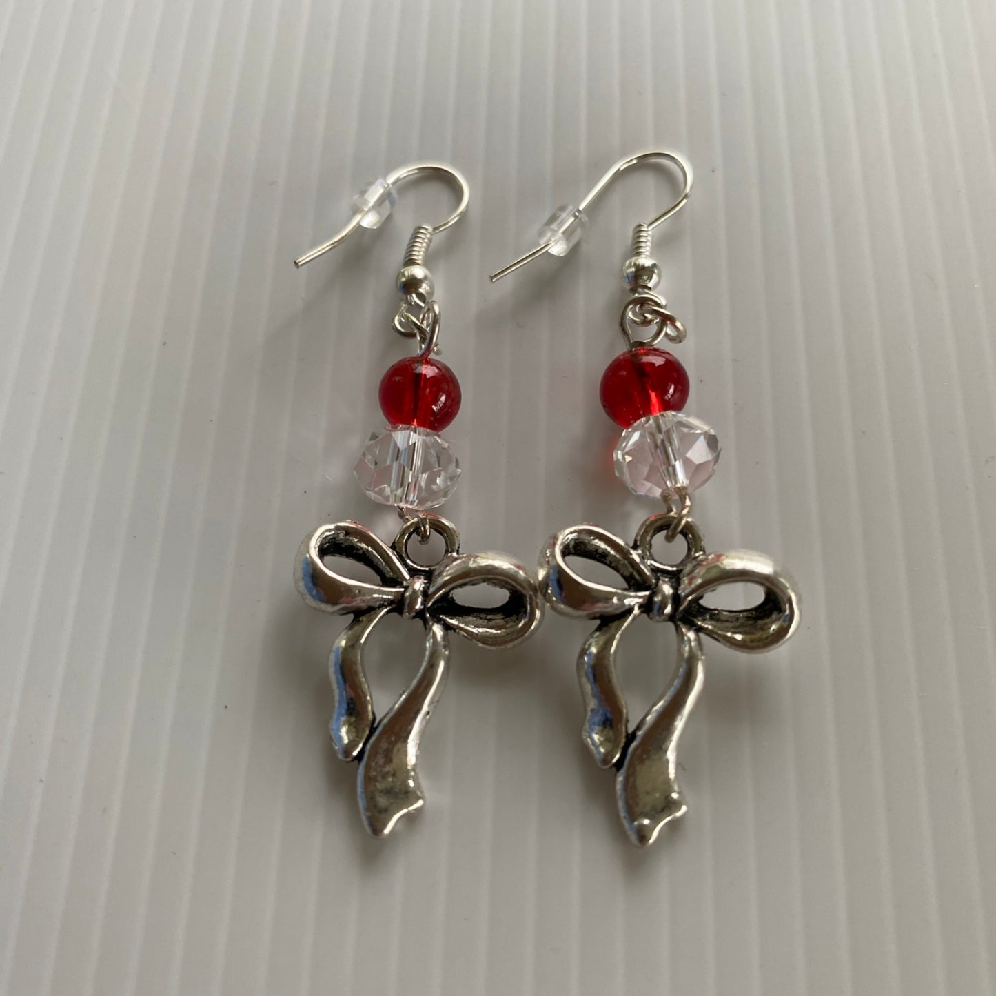 Silver tone Bow Dangle Earrings with Red & Clear Crystals - Pierced *THIS ITEM FREE SHIPPING