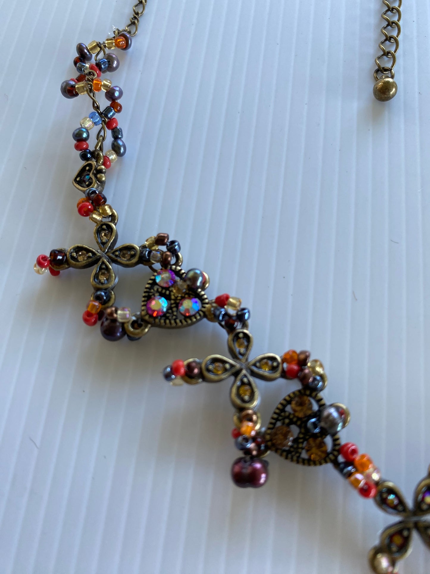 Antique Look Bronze Tone Short Multi-colour Stone & bead Focal Floral Spread Necklace