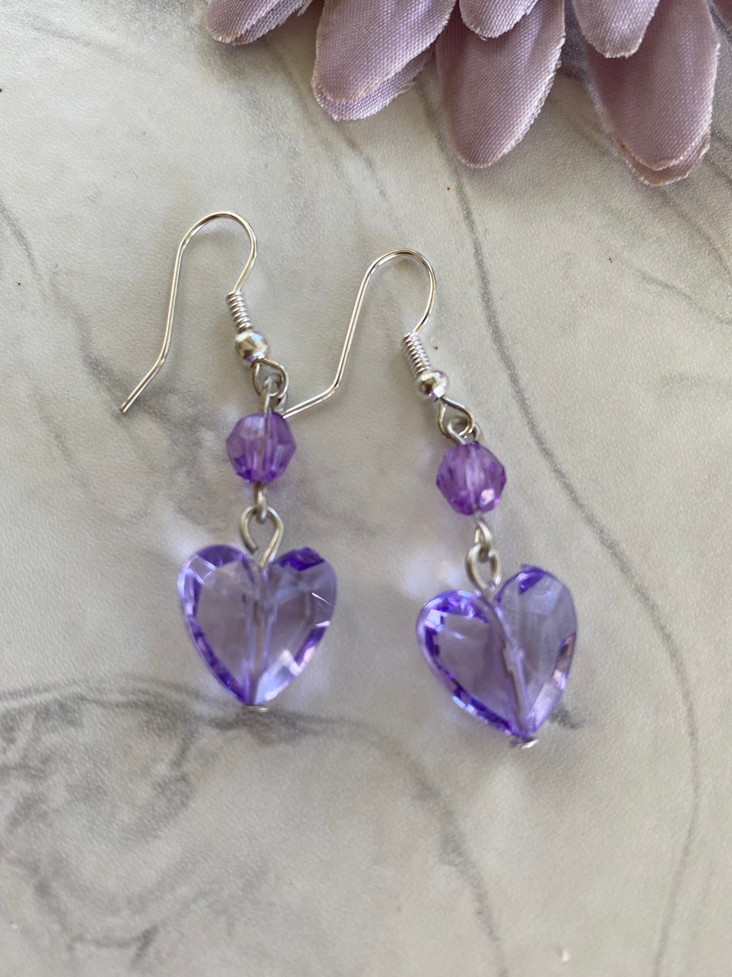 Long Dangle Purple Heart Earrings In assorted Ear Fastenings