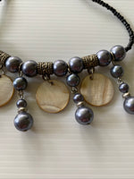 Black  Beaded Short Necklace Choker Blue Grey Glass pearl shiny round disc drops