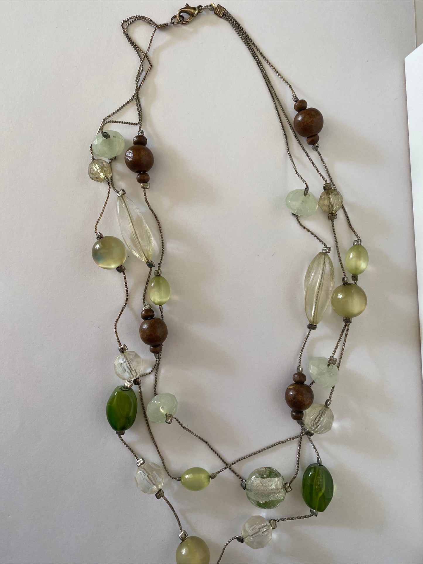 Triple Strand Silver tone Chunky Feature Focal Necklace Neutral Green Bronze Tone